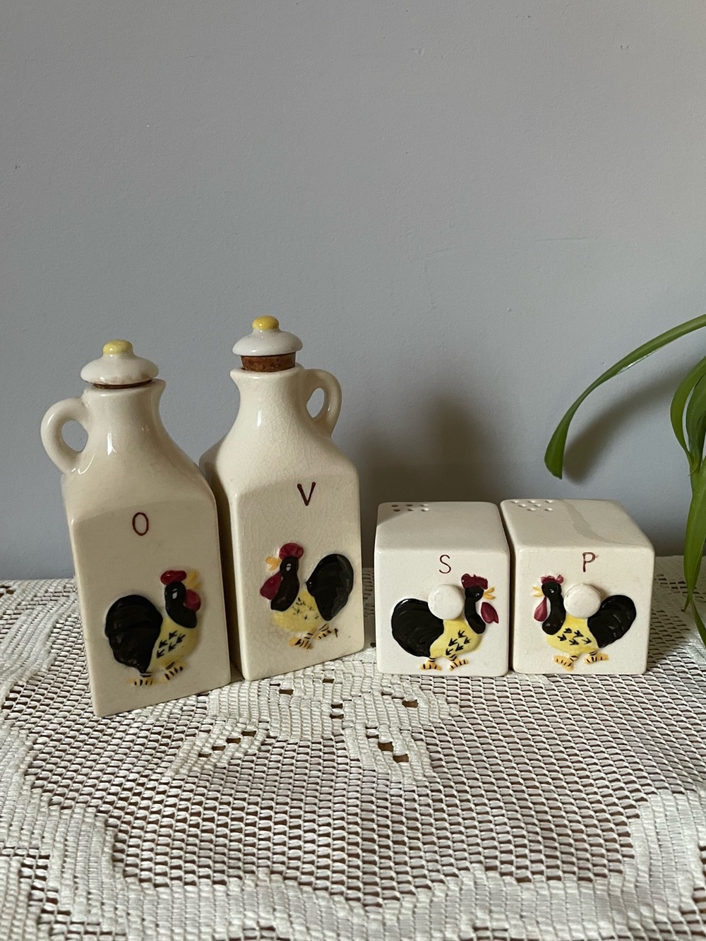 Vintage Ceramic Rooster Oil & Vinegar Set with Salt & Pepper Shakers 1950s Japan
